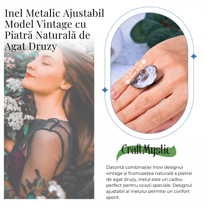Inel vintage ajustabil cu Agat Druzy natural, pentru echilibru si protectie [3]
