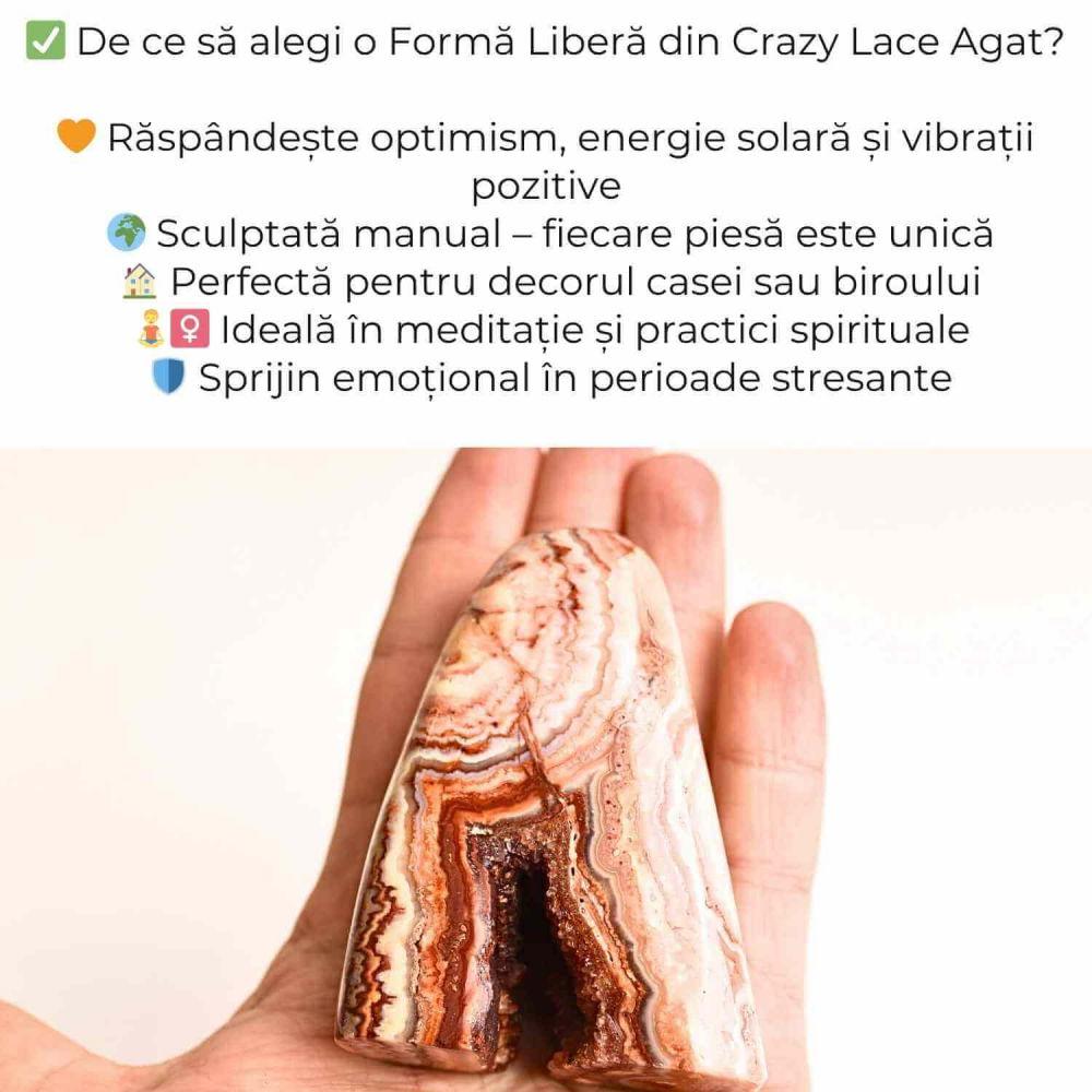 Forma libera sculptata manual din agat Crazy Lace – decor spiritual pentru echilibru emotional, energie pozitiva si meditatie. Provenienta: Indonezia. [4]