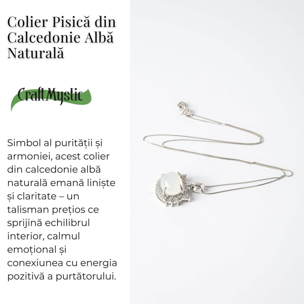 Puritate si Armonie –Colier pisica din calcedonie alba naturala cu lant din argint 925 [3]