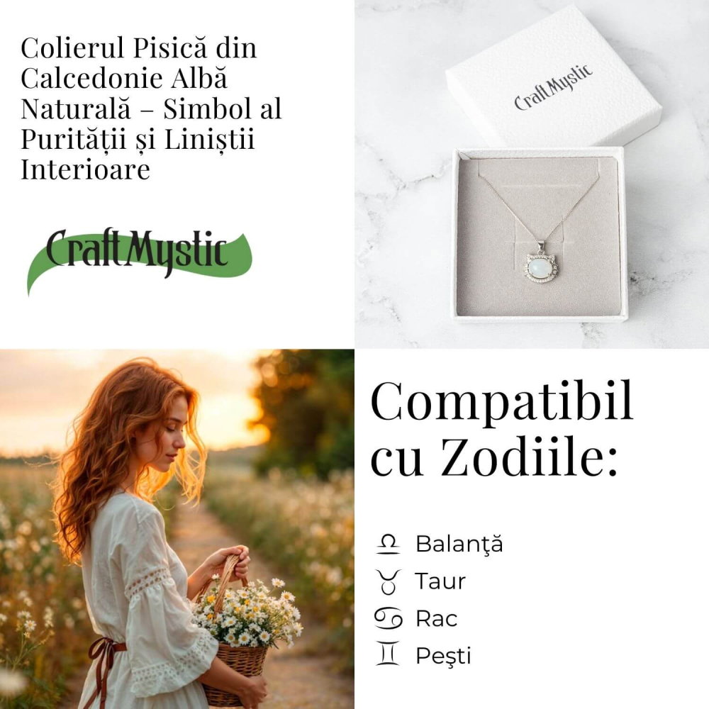 Puritate si Armonie –Colier pisica din calcedonie alba naturala cu lant din argint 925 [5]