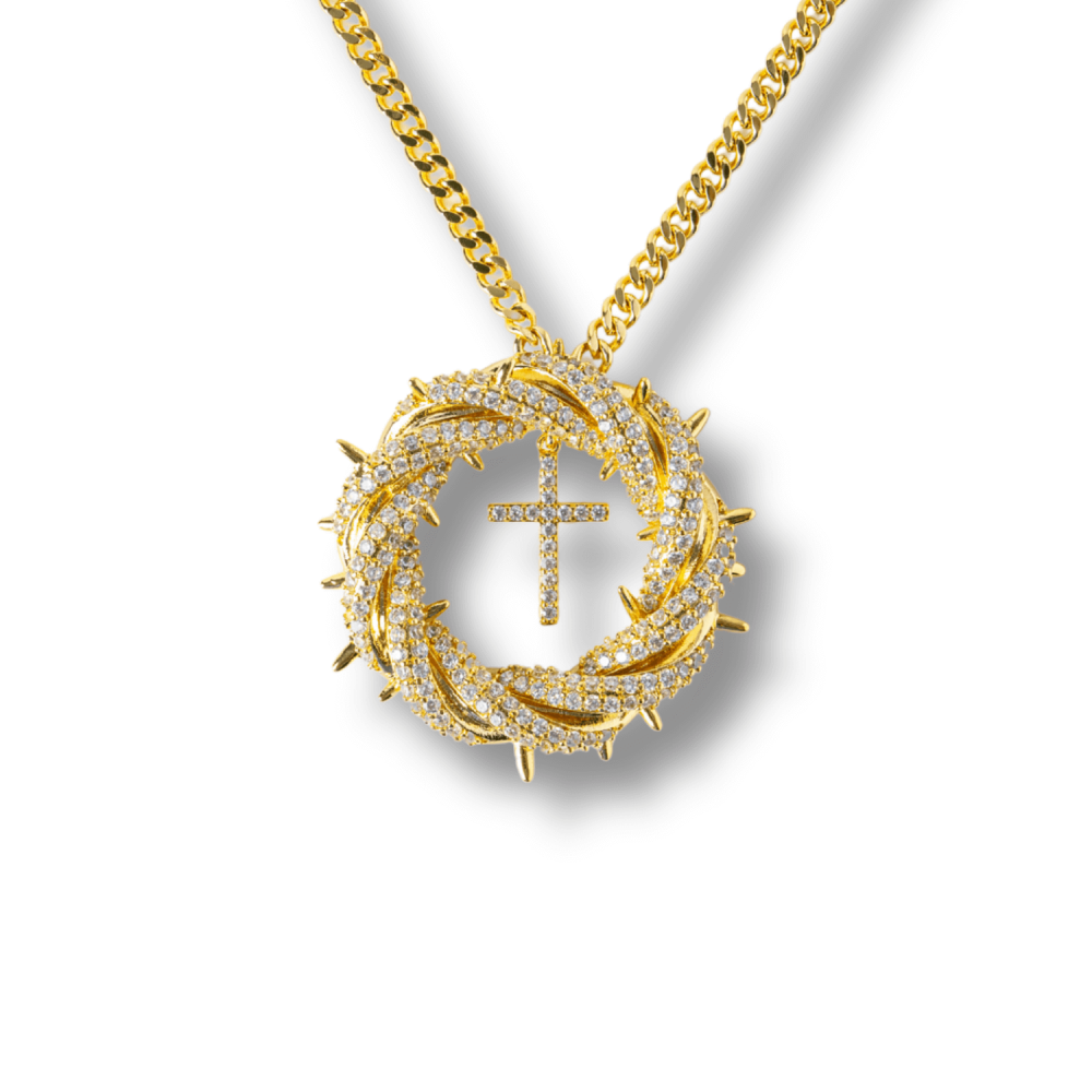 Credinta si Protectie – Colier Cruce cu Zirconiu si Coroana Circulara, Placat Auriu [1]