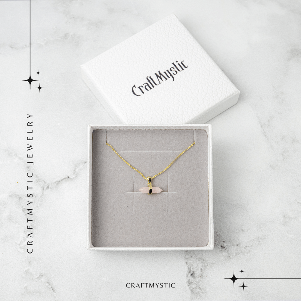 Colier cu Pandantiv Dublu Punct din Cuart Roz si Lant Auriu [7]