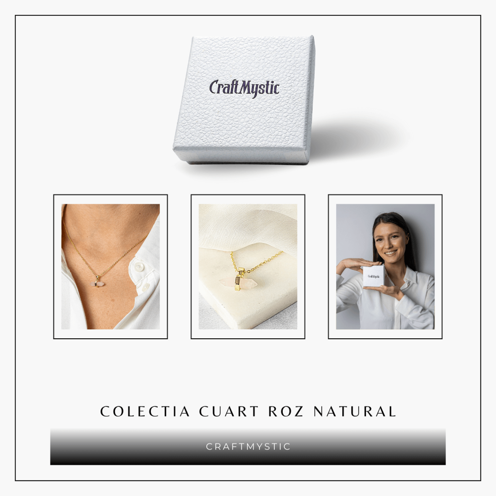 Colier cu Pandantiv Dublu Punct din Cuart Roz si Lant Auriu [8]