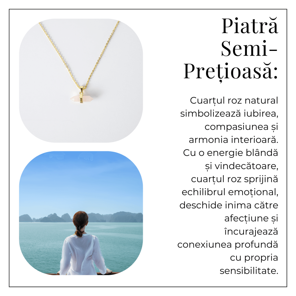 Colier cu Pandantiv Dublu Punct din Cuart Roz si Lant Auriu [6]