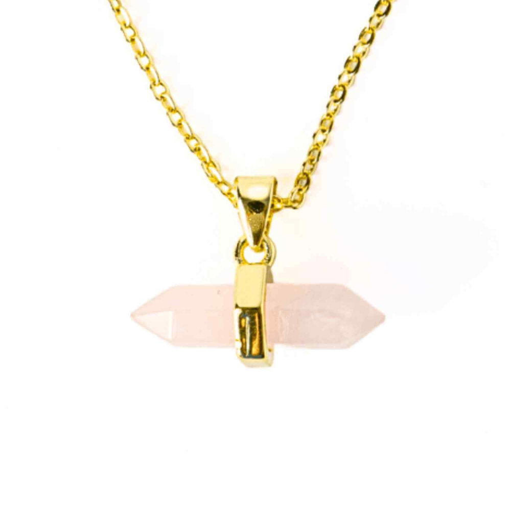 Colier cu Pandantiv Dublu Punct din Cuart Roz si Lant Auriu [1]