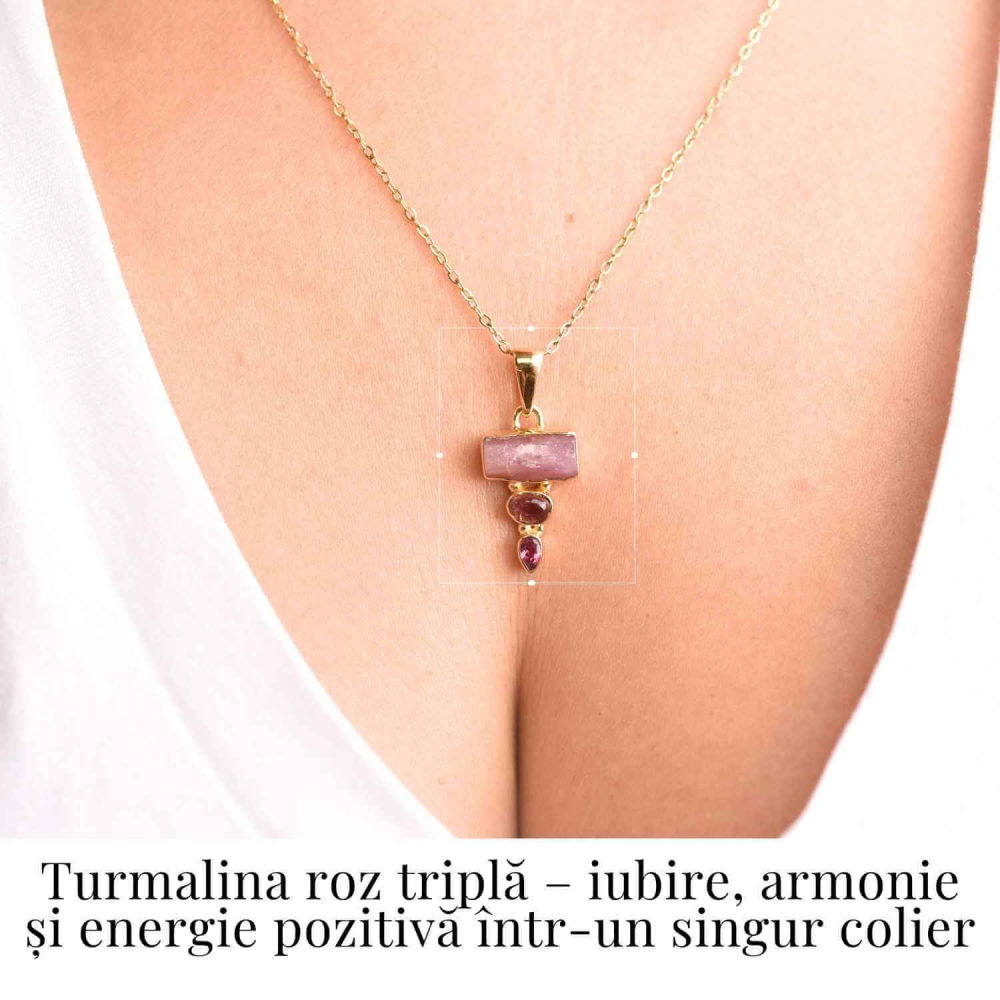 Iubire si Armonie Interioara – Colier inox si pandantiv argint 925 placat cu aur de18k si Triplu Turmalina Roz [2]