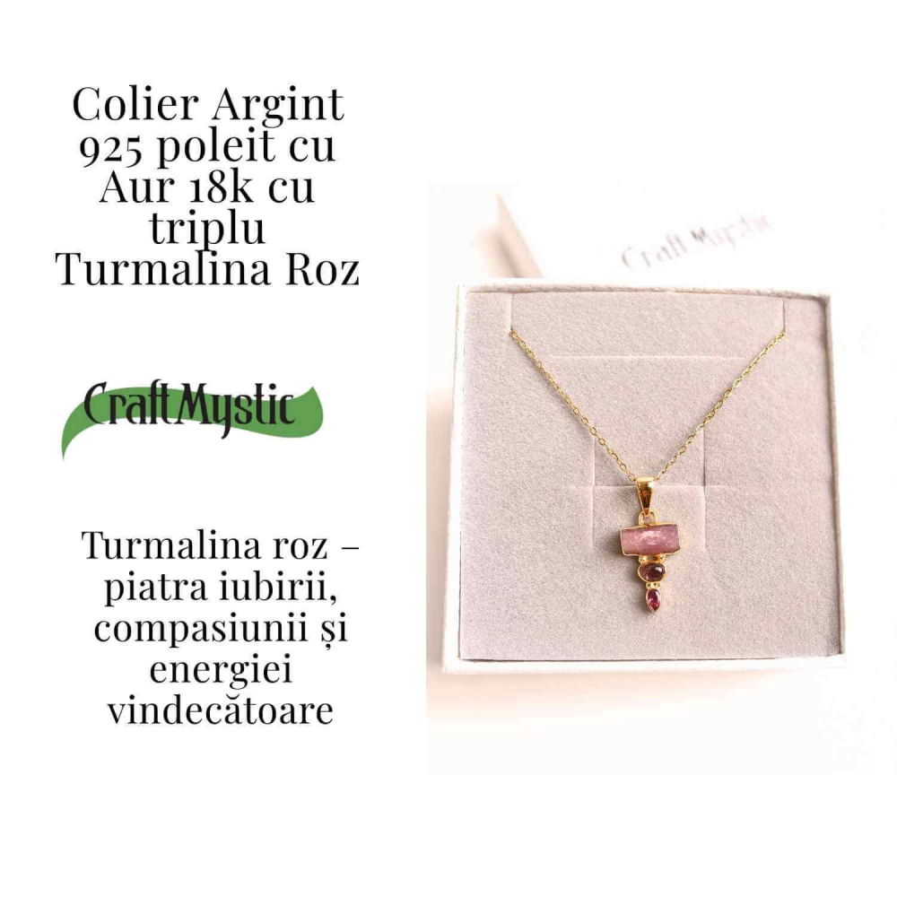 Iubire si Armonie Interioara – Colier inox si pandantiv argint 925 placat cu aur de18k si Triplu Turmalina Roz [3]