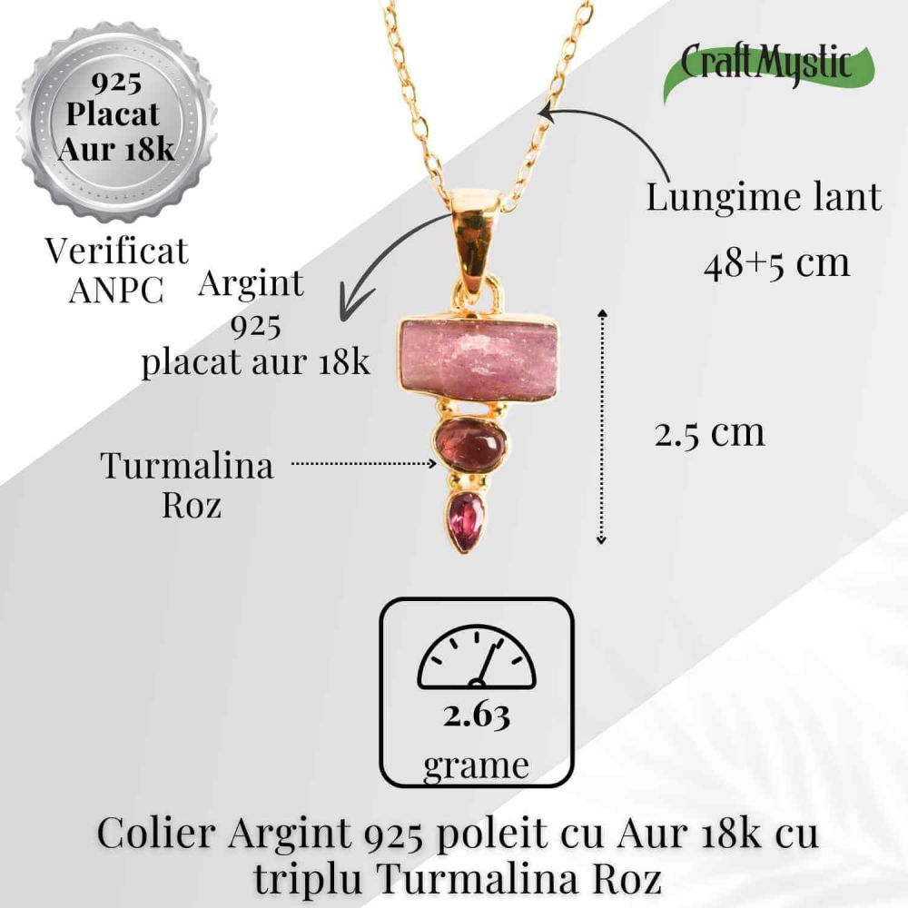 Iubire si Armonie Interioara – Colier inox si pandantiv argint 925 placat cu aur de18k si Triplu Turmalina Roz [5]