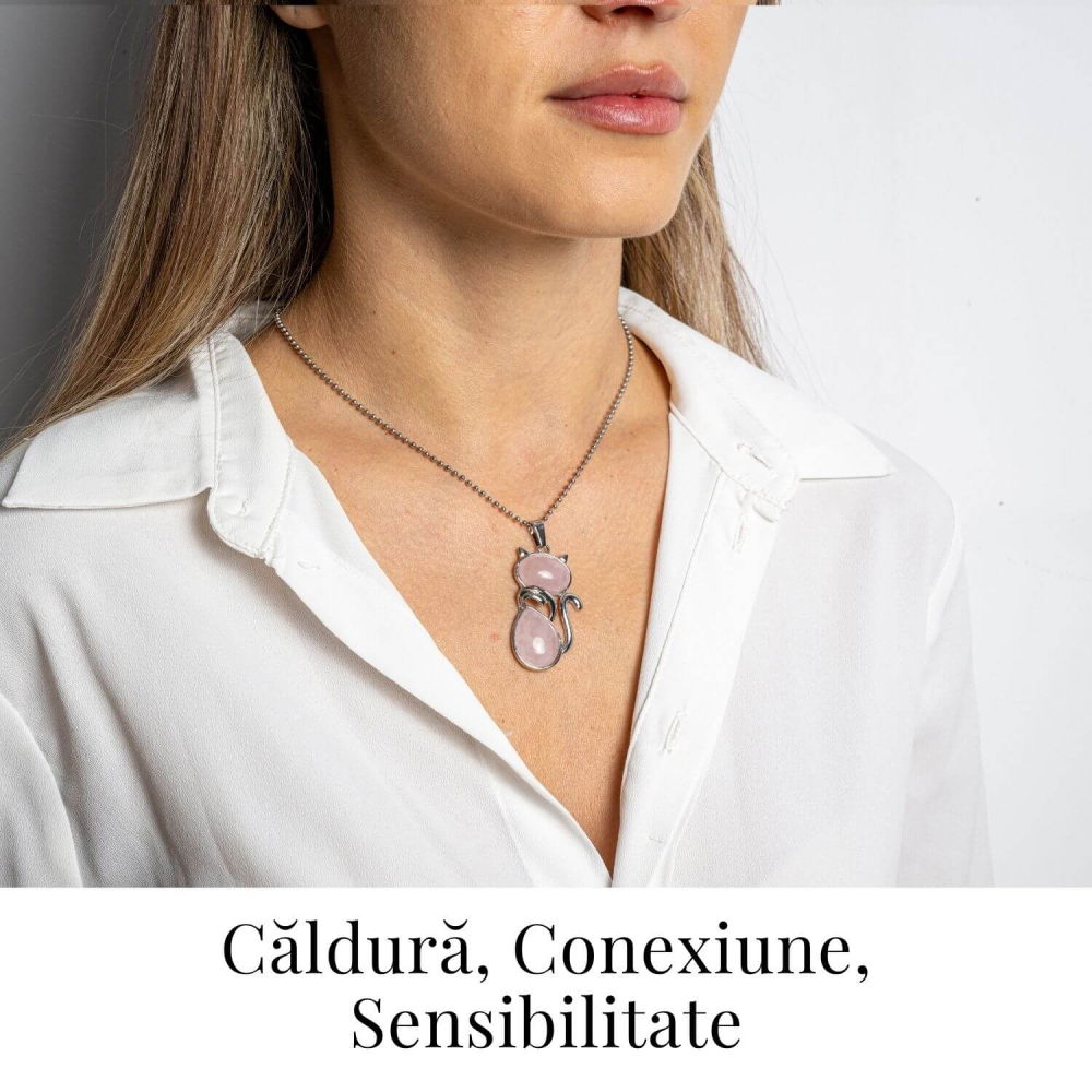Iubire si Armonie – Colier Pisica din Otel Inoxidabil cu Cuart Roz [2]