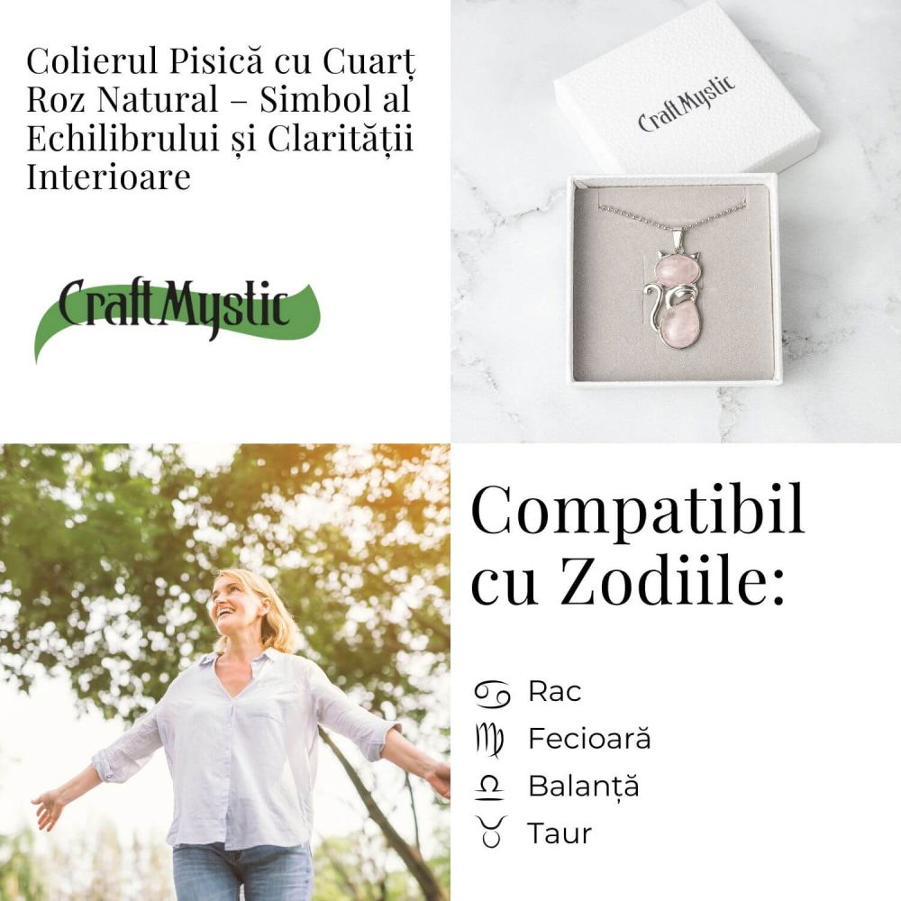 Iubire si Armonie – Colier Pisica din Otel Inoxidabil cu Cuart Roz [4]