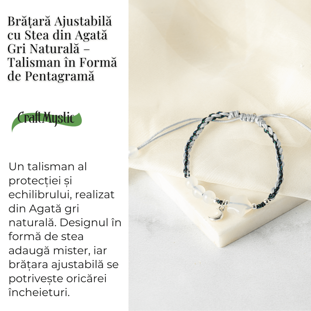 Bratara ajustabila cu stea si semiluna din Agat gri natural – Talisman al protectiei si echilibrului [3]