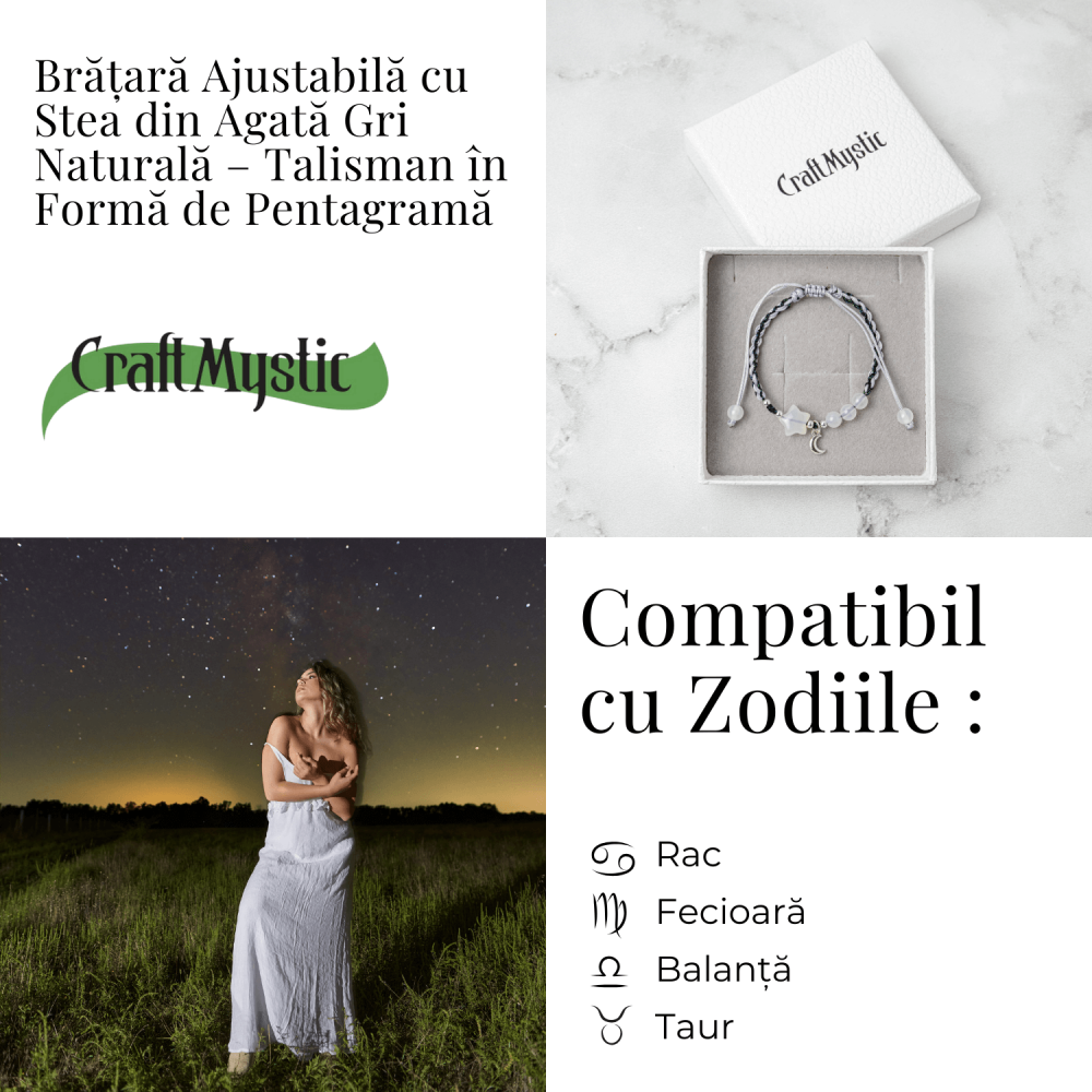 Bratara ajustabila cu stea si semiluna din Agat gri natural – Talisman al protectiei si echilibrului [5]
