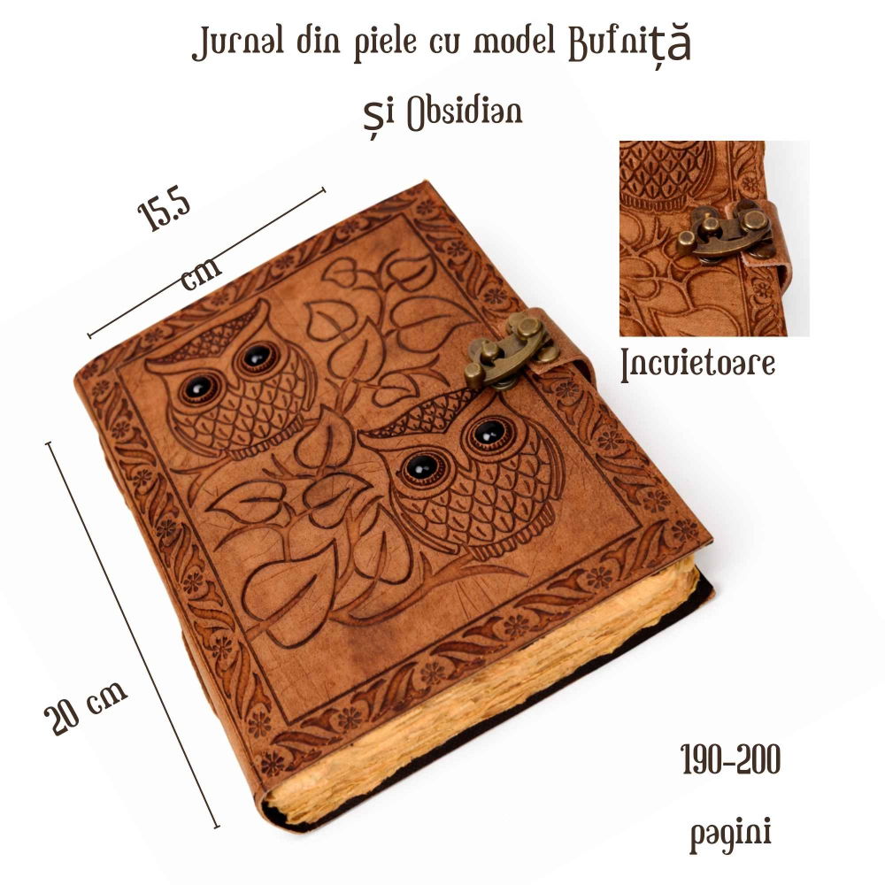 Jurnal din piele naturala cu Bufnita si Obsidian – Protectie si Claritate Interioara [4]