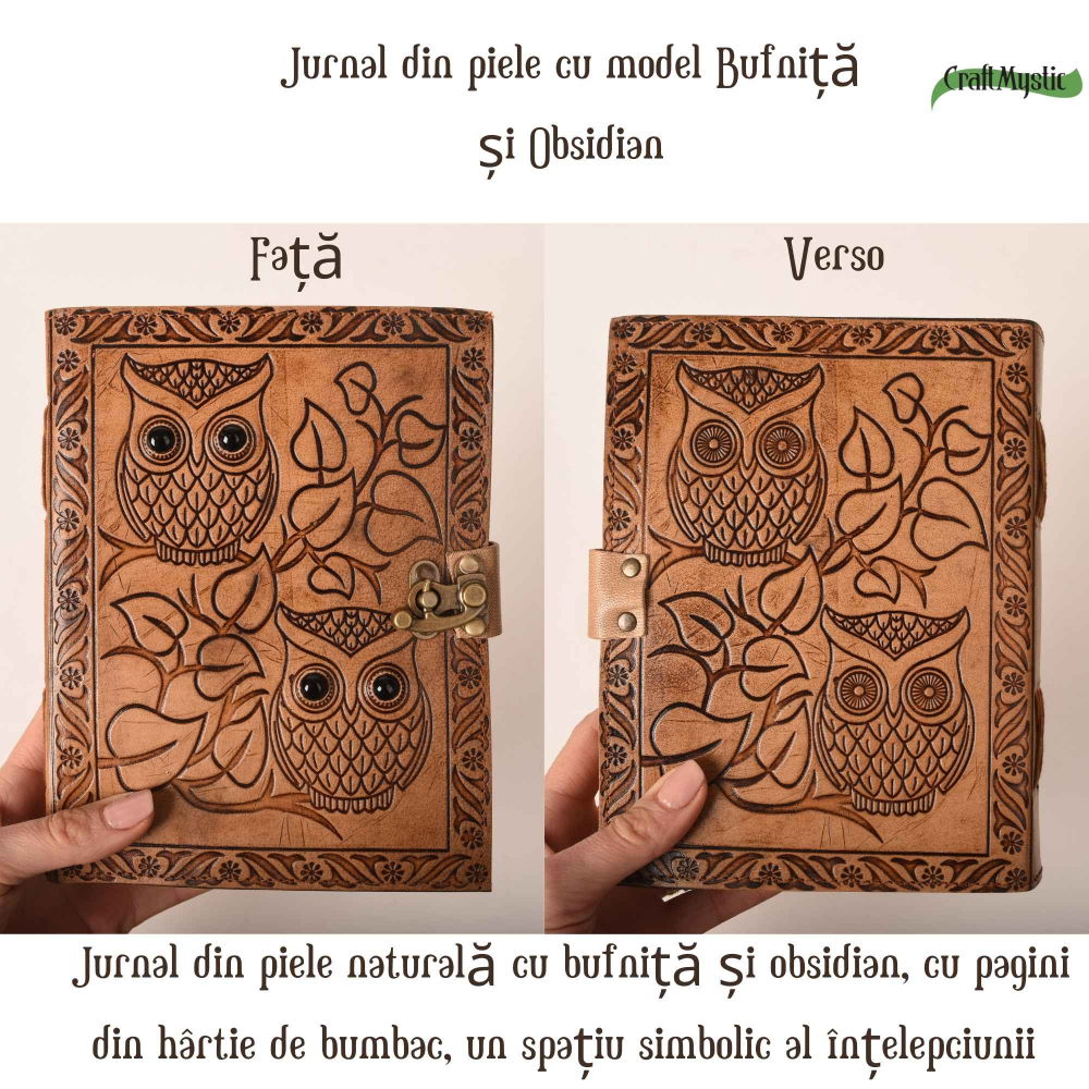 Jurnal din piele naturala cu Bufnita si Obsidian – Protectie si Claritate Interioara [5]
