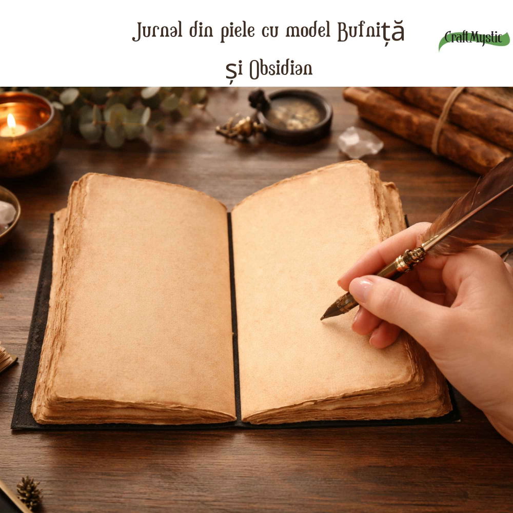 Jurnal din piele naturala cu Bufnita si Obsidian – Protectie si Claritate Interioara [3]