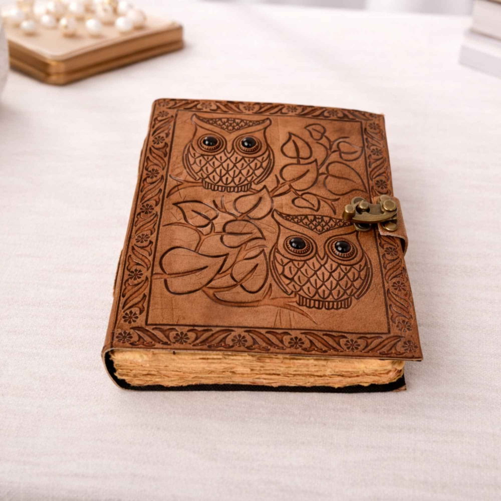 Jurnal din piele naturala cu Bufnita si Obsidian – Protectie si Claritate Interioara [7]