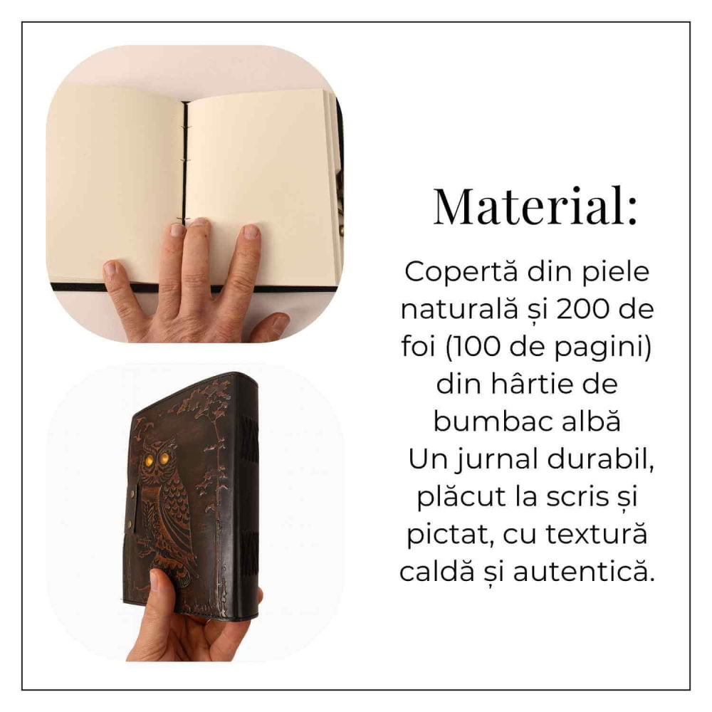 Jurnal Bufnita din Piele Naturala cu Piatra Decorativa si Hartie Bumbac Alba 17x13 cm [3]