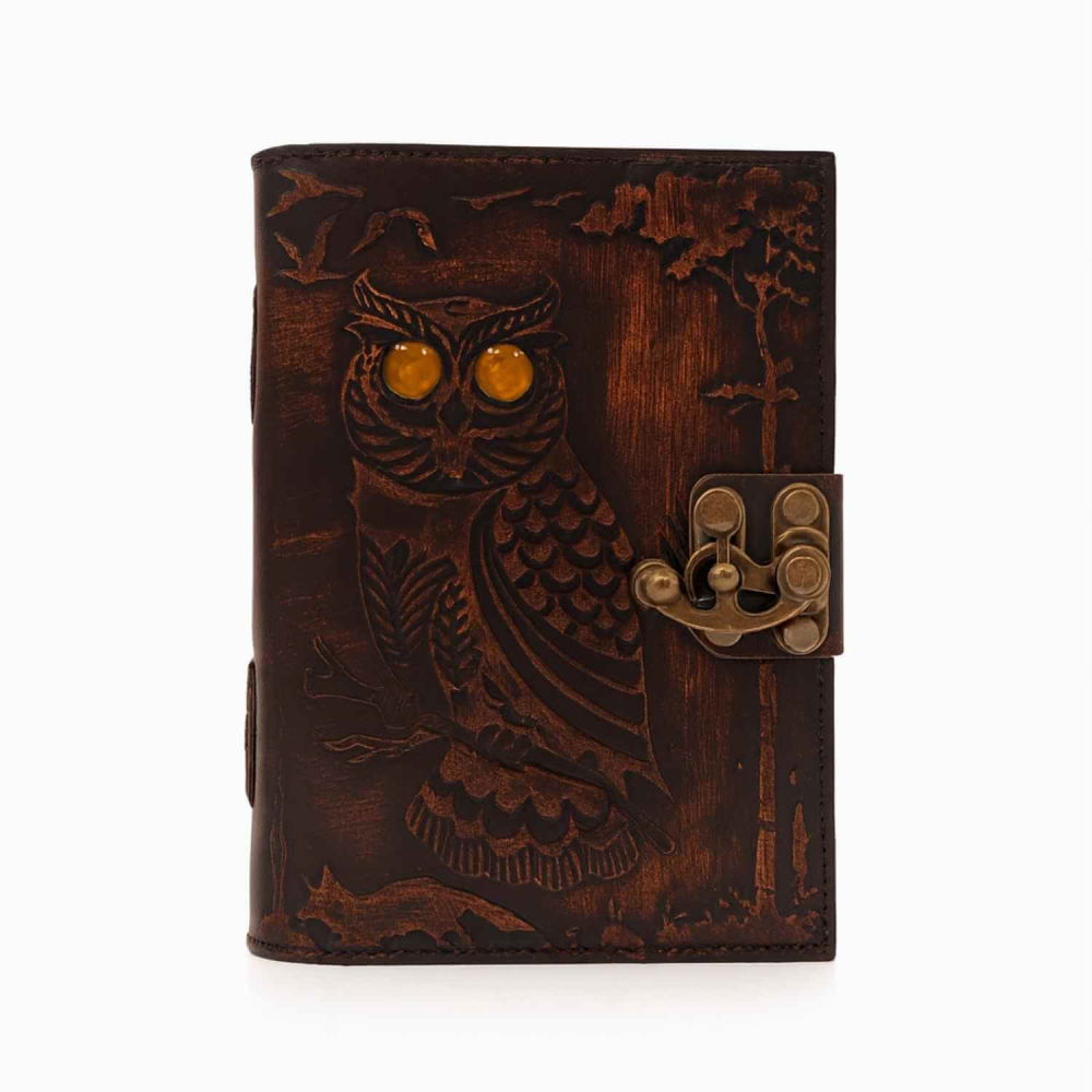 Jurnal Bufnita din Piele Naturala cu Piatra Decorativa si Hartie Bumbac Alba 17x13 cm [1]