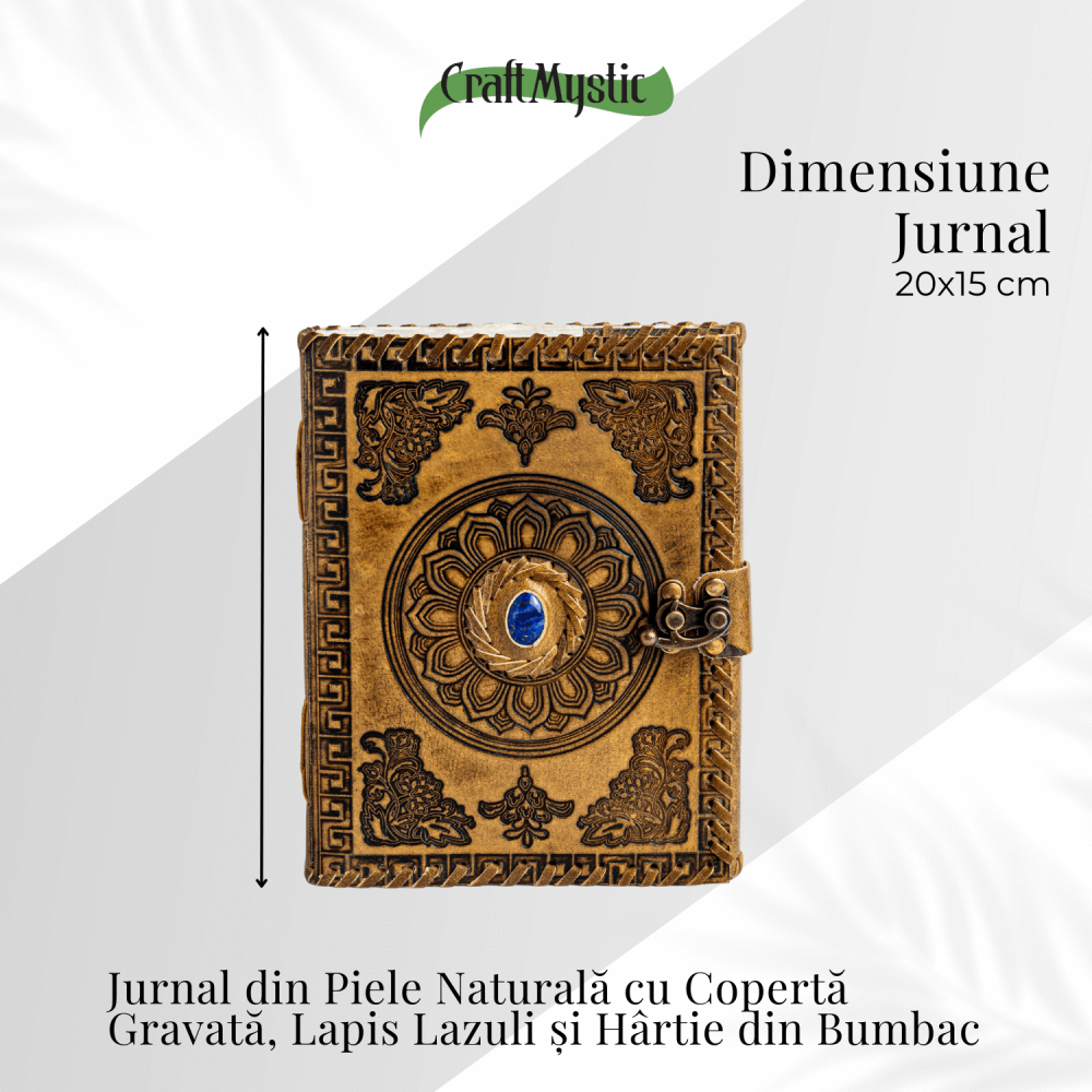 Jurnal din piela naturala autentic cu coperta gravata si piatra naturala Lapis Lazuli si hartie bumbac galbena [5]