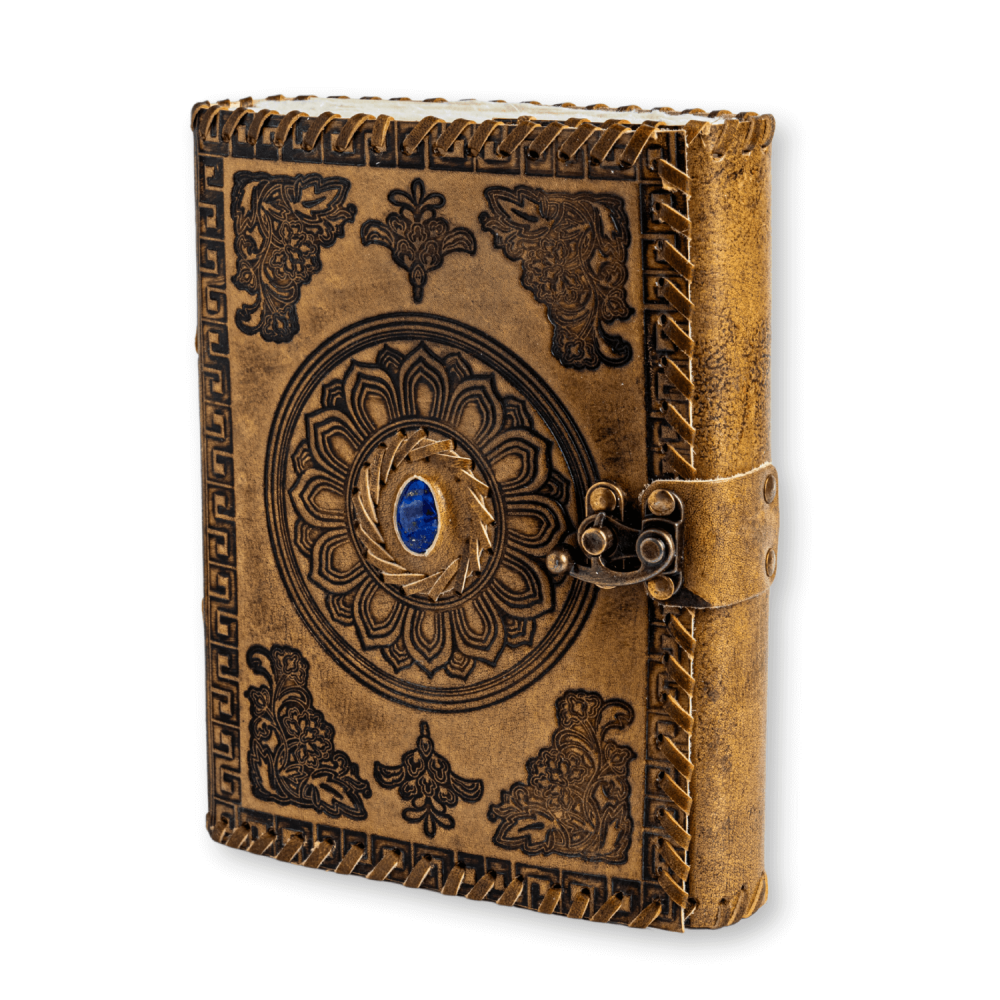 Jurnal din piela naturala autentic cu coperta gravata si piatra naturala Lapis Lazuli si hartie bumbac [9]