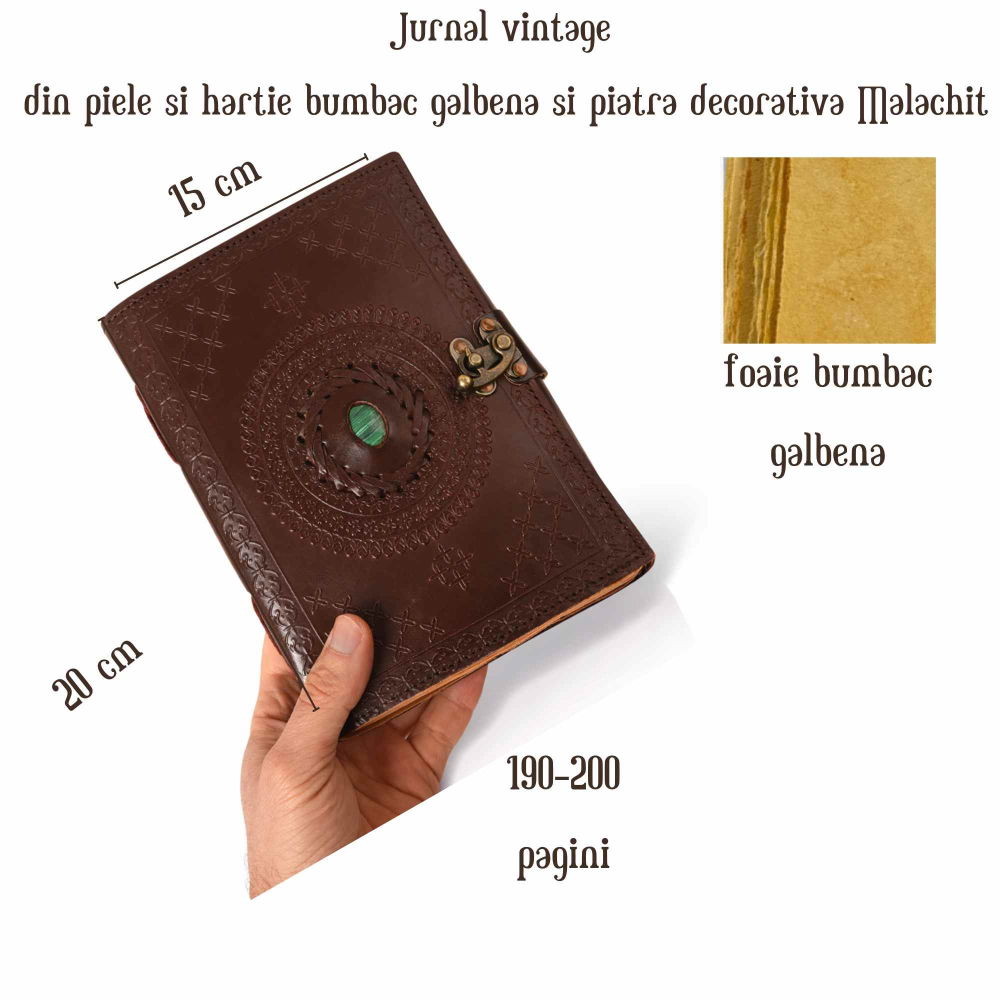 Jurnal vintage din piele naturala cu hartie bumbac si malachit decorativ 20x15 cm [2]