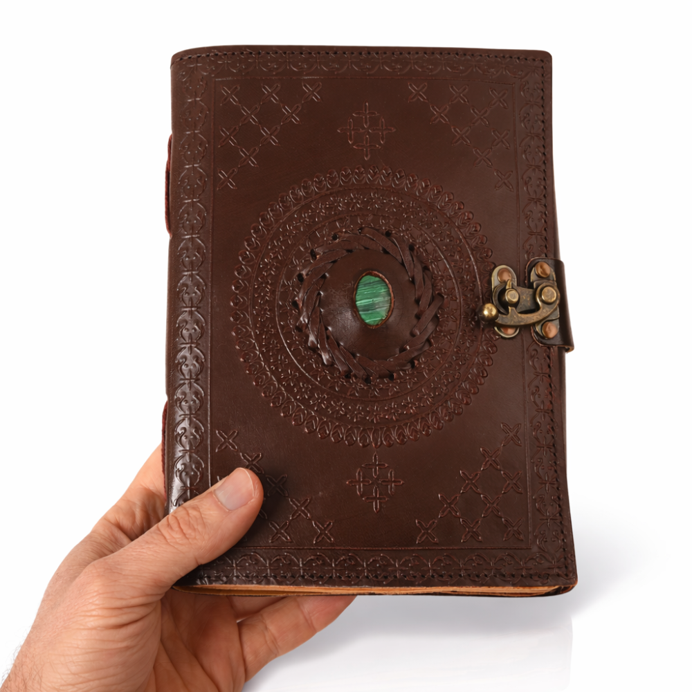 Jurnal vintage din piele naturala cu hartie bumbac si malachit decorativ 20x15 cm [4]