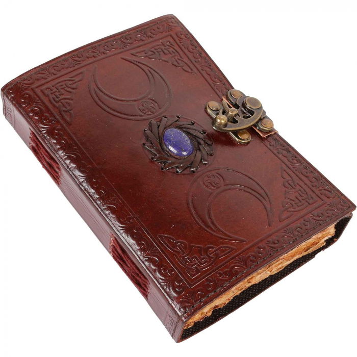 Jurnal din Piele design cu Tripla Luna si piatra semipretioasa Lapis Lazuli - Hartie Vintage tip pergament Ideal pentru Schite si Notite, 20 x 15 cm cm [1]