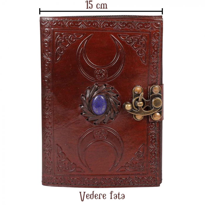 Jurnal din Piele design cu Tripla Luna si piatra semipretioasa Lapis Lazuli - Hartie Vintage tip pergament Ideal pentru Schite si Notite, 20 x 15 cm cm [6]