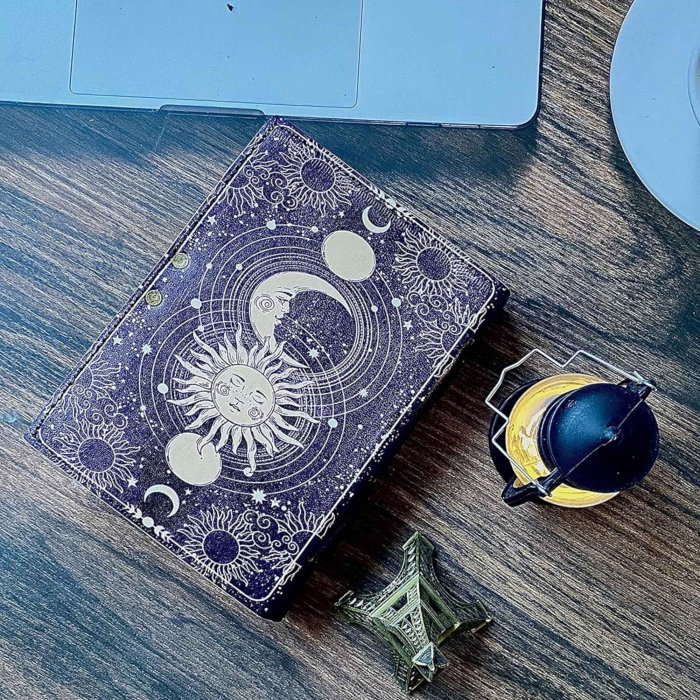 Jurnal Vintage din Piele cu Design Soare si Luna - Manual, cu Pagini de Hartie tip pergament 190-200 Pagini [7]