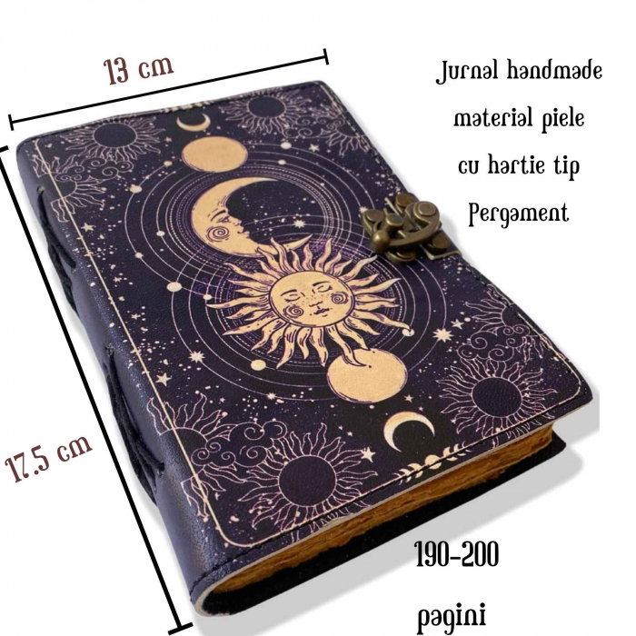 Jurnal Vintage din Piele cu Design Soare si Luna - Manual, cu Pagini de Hartie tip pergament 190-200 Pagini [2]