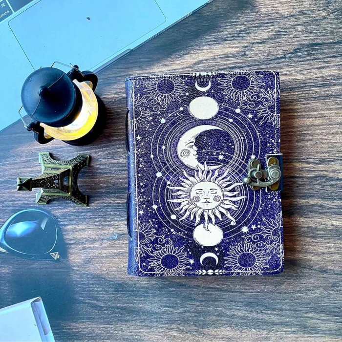 Jurnal Vintage din Piele cu Design Soare si Luna - Manual, cu Pagini de Hartie tip pergament 190-200 Pagini [5]