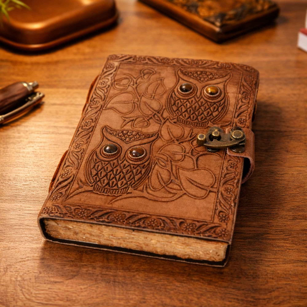 Jurnal din piele naturala cu Bufnita si Ochi de Tigru – Intelepciune si Claritate Interioara [7]