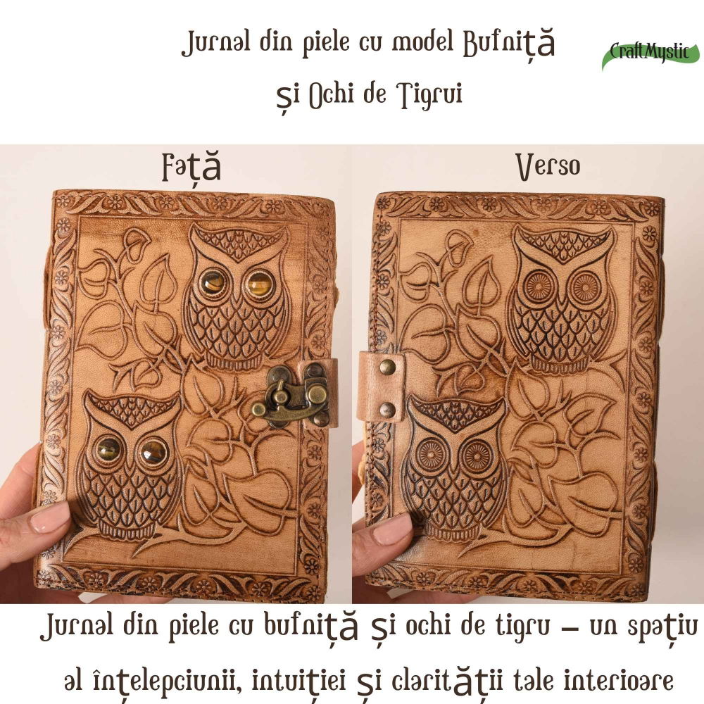 Jurnal din piele naturala cu Bufnita si Ochi de Tigru – Intelepciune si Claritate Interioara [5]