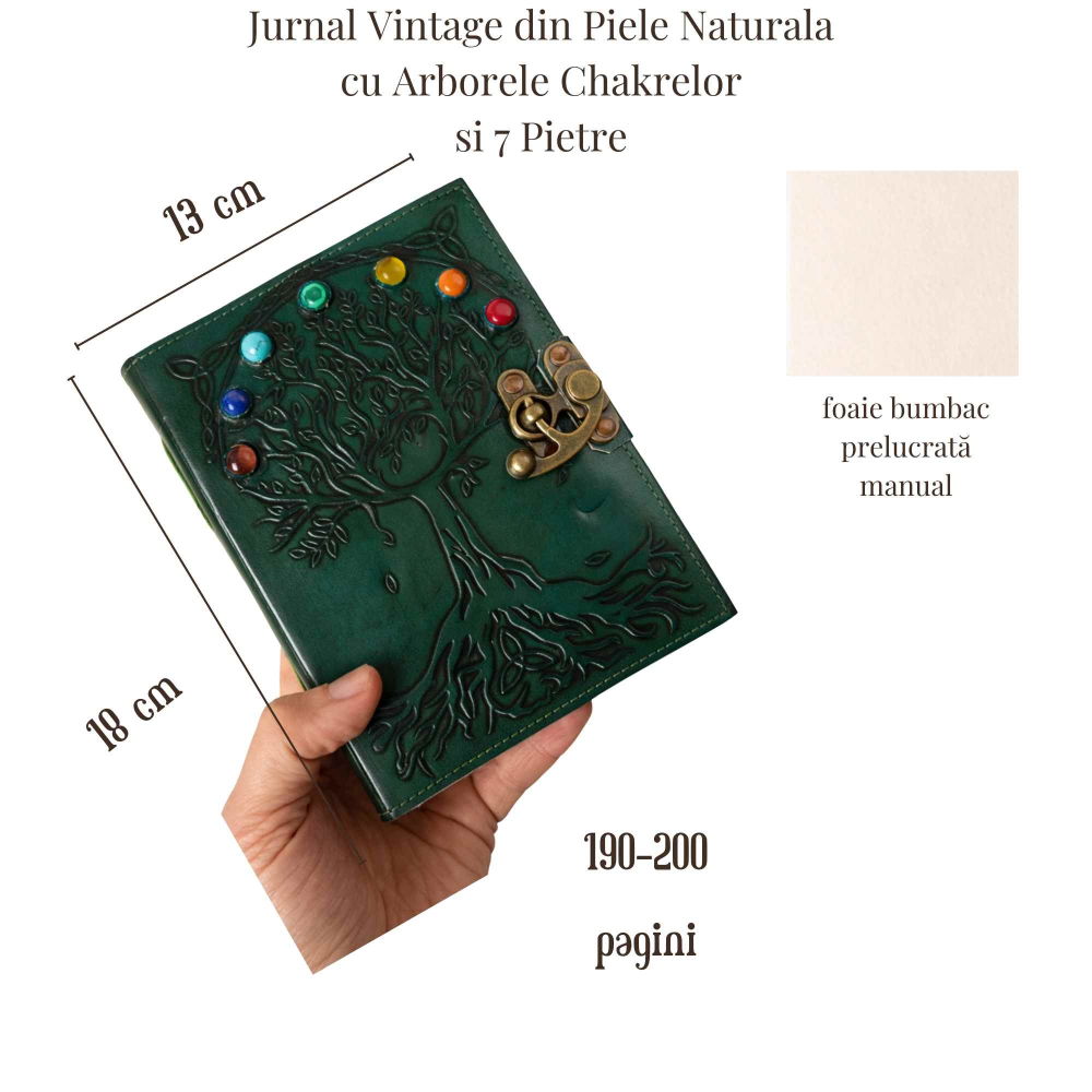 Jurnal Vintage din Piele Naturala cu Arborele Chakrelor si 7 Pietre – hartie de bumbac 18x13 cm [2]