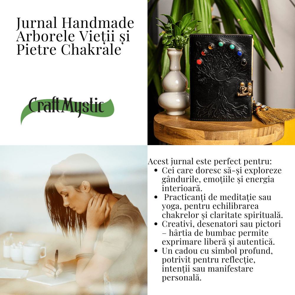 Jurnal Vintage Negru cu Arborele Vietii si 7 Pietre Chakre - Handmade, Piele Naturala [4]