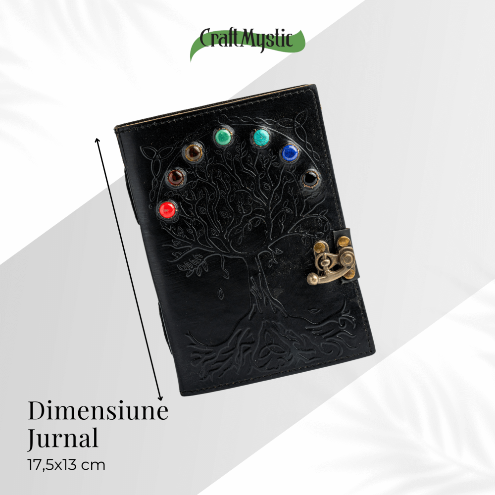 Jurnal Vintage Negru cu Arborele Vietii si 7 Pietre Chakre - Handmade, Piele Naturala [3]