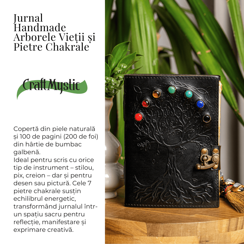 Jurnal Vintage Negru cu Arborele Vietii si 7 Pietre Chakre - Handmade, Piele Naturala [5]