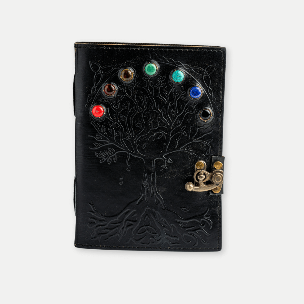 Jurnal Vintage Negru cu Arborele Vietii si 7 Pietre Chakre - Handmade, Piele Naturala [9]