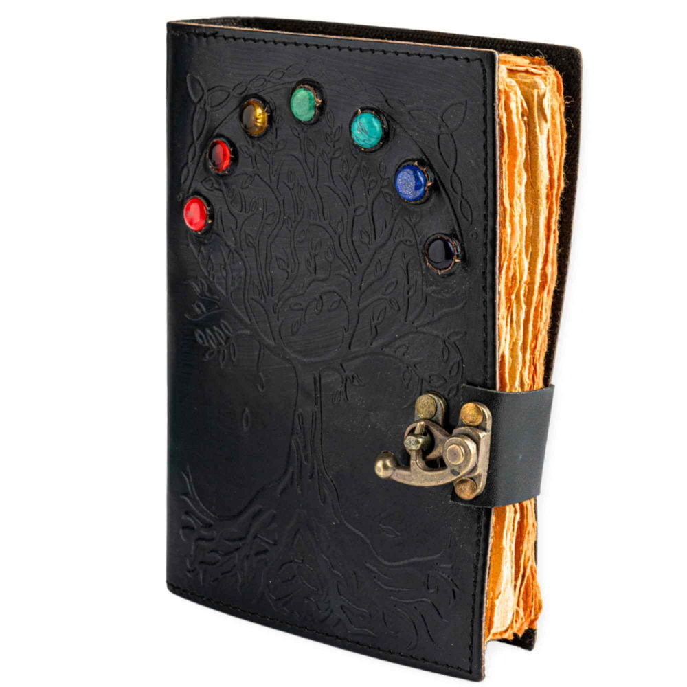 Jurnal Vintage Negru cu Arborele Vietii si 7 Pietre Chakre - Handmade, Piele Naturala [1]