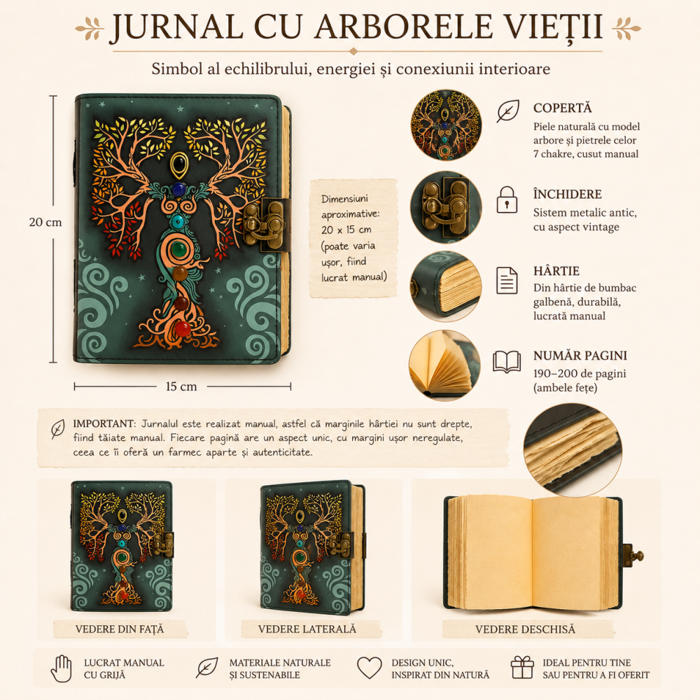 Jurnal vintage pentru magie model "Book of Shadow"  cu 7 pietre pentru cele 7 chakre - Jurnal cu inchidere cu lacat, handmade din piele vintage, cadou pentru femei si barbati [4]