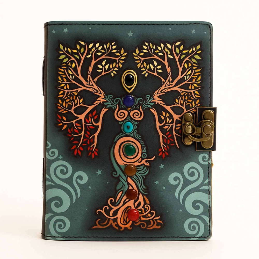 Jurnal vintage pentru magie model "Book of Shadow"  cu 7 pietre pentru cele 7 chakre - Jurnal cu inchidere cu lacat, handmade din piele vintage, cadou pentru femei si barbati [1]