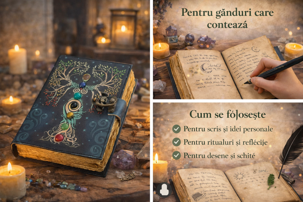 Jurnal vintage pentru magie model "Book of Shadow"  cu 7 pietre pentru cele 7 chakre - Jurnal cu inchidere cu lacat, handmade din piele vintage, cadou pentru femei si barbati [2]