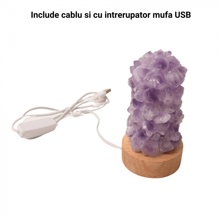 Mini Lampa Decorativa 11 cm cu Cristale de Ametist si Baza LED USB Ideala pentru Masa de Noptiera [4]