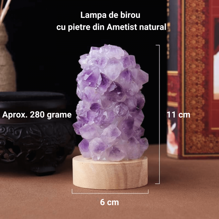 Mini Lampa Decorativa 11 cm cu Cristale de Ametist si Baza LED USB Ideala pentru Masa de Noptiera [3]