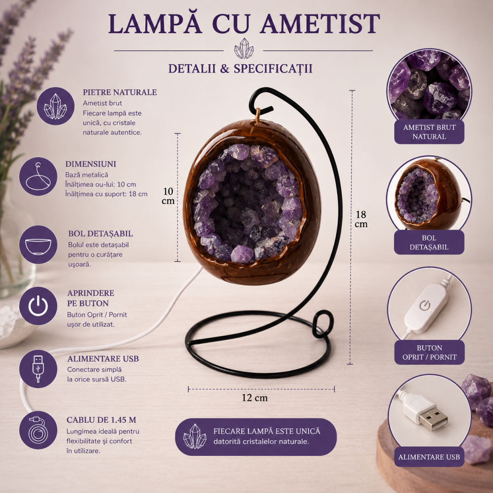 Lampa cu Ametist Natural Forma de Ou – Armonie, Claritate si Relaxare [5]