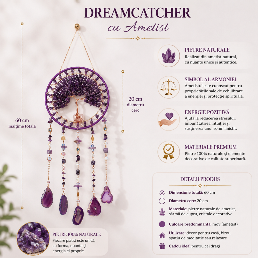 Dreamcatcher Arborele Vietii cu Ametist – Protectie Spirituala si Claritate Mentala [3]