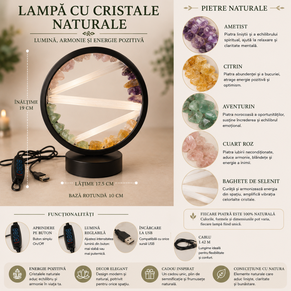 Lampă cu Citrin, Aventurin Verde, Ametist, Cuart Roz si  Selenit – Armonie si Energie Pozitiva [5]