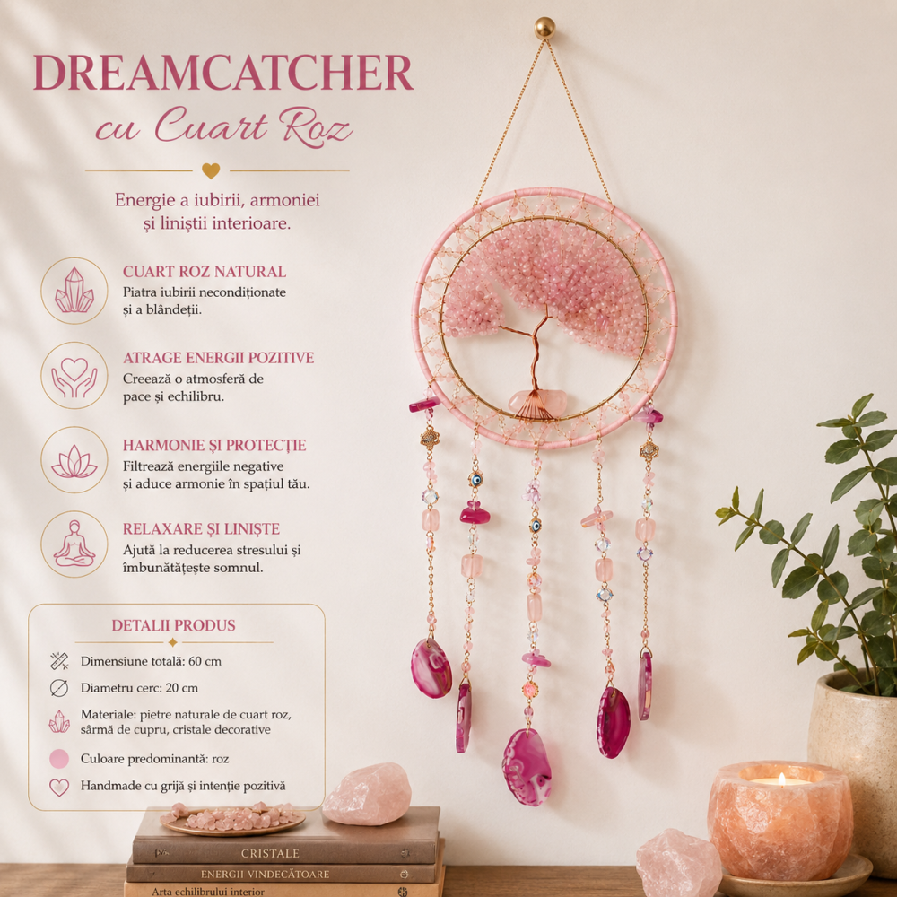Dreamcatcher Arborele Vietii cu Cuart Roz si Agat – Iubire, Armonie si Energie Pozitiva [3]