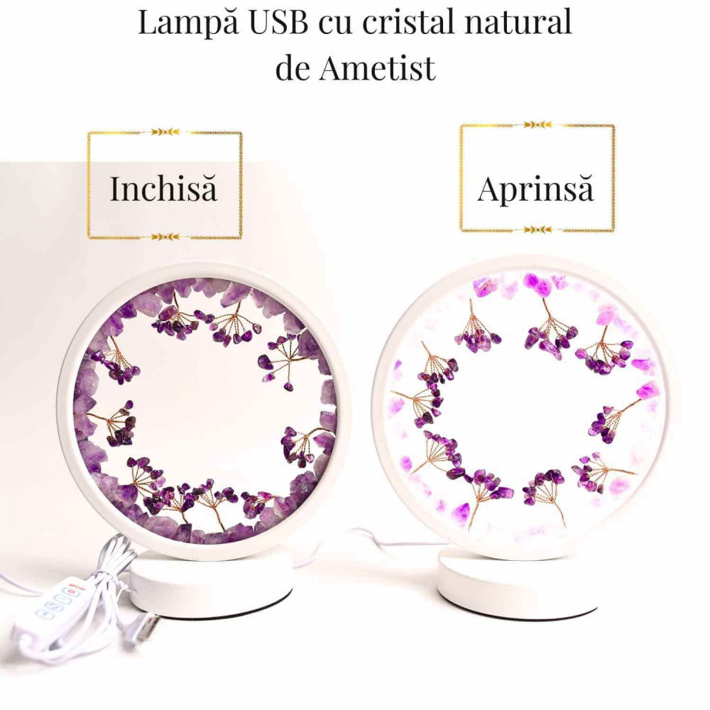 Lampa de noapte rotunda cu cristale ametist brut si rulat – energie pozitiva pentru relaxare [3]