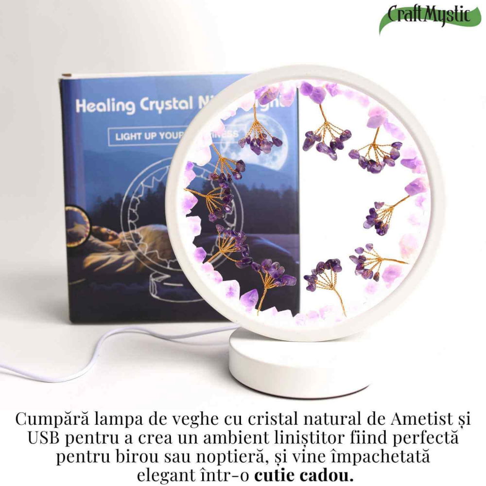 Lampa de noapte rotunda cu cristale ametist brut si rulat – energie pozitiva pentru relaxare [6]